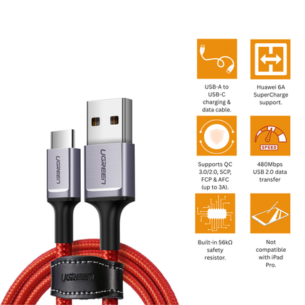 سلك يوجرين USB 2.0 إلى USB-C بقدرة 6 أمبير وهيكل من الألومنيوم بطول 1 متر (أحمر) | US505 | 20527