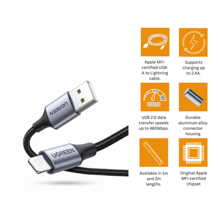 سلك يوجرين USB-A إلى Lightning للشحن ونقل البيانات بقدرة 2.4 أمبير | US199