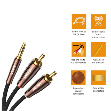 UGREEN 3.5mm to Two Male RCA Stereo Audio Adapter Braided Copper Case AUX Cable | AV170