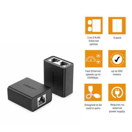 محول تقسيم شبكة UGREEN RJ45 من 1 إلى 2 – عبوة قطعتين | أسود | CM210 | 50923