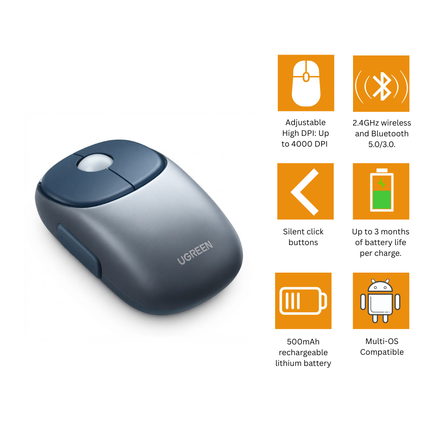 فأرة يوجرين FUN+ لاسلكية وBluetooth قابلة لإعادة الشحن بدقة 4000 DPI لون أسود | MU102 | 90538