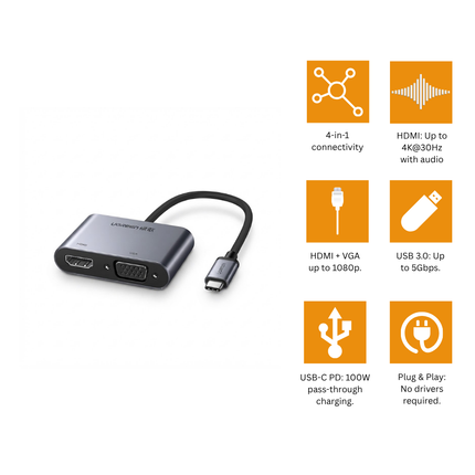 محول يوجرين USB-C إلى HDMI وVGA مع منفذ PD لون رمادي فضائي | CM162 | 50505