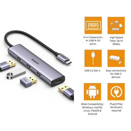 UGREEN USB-C to 4-Port USB 3.0 Hub up to 5Gpbs | CM473 | 20841