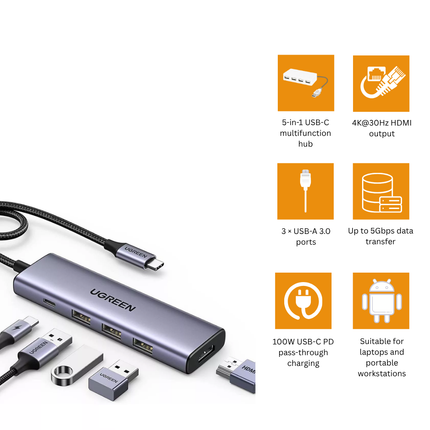 موزّع يوجرين 5 في 1  بمنفذ  USB-C مع HDMI 4K وUSB 3.0 وUSB 2.0 | CM511 | 15596