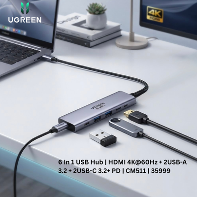 موزّع يوجرين 6 في 1 USB-C | HDMI ‏4K@60Hz + ‏2×USB-A 3.2 + ‏2×USB-C 3.2 + PD | CM511 | 35999