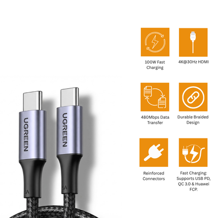 سلك يوجرين USB-C إلى USB-C بقدرة 100W للشحن السريع | US316