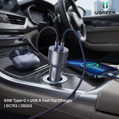 شاحن سيارة سريع يوجرين 63W USB-C + USB-A موديل  | EC701 | 35023