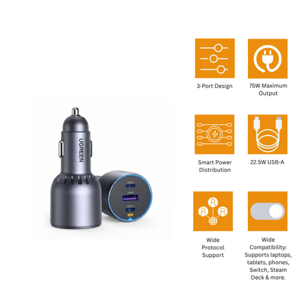 UGREEN 75W Dual Type-C 1x USB Ports Metal Car Charger | EC703 | 35024