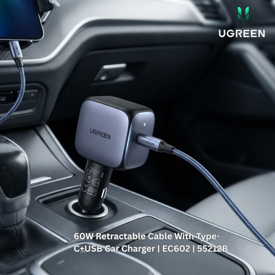 شاحن سيارة يوجرين 60 واط مع سلك USB-C قابل للسحب | EC602 | 55212B