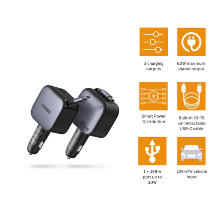 شاحن سيارة يوجرين 60 واط مع سلك USB-C قابل للسحب | EC602 | 55212B