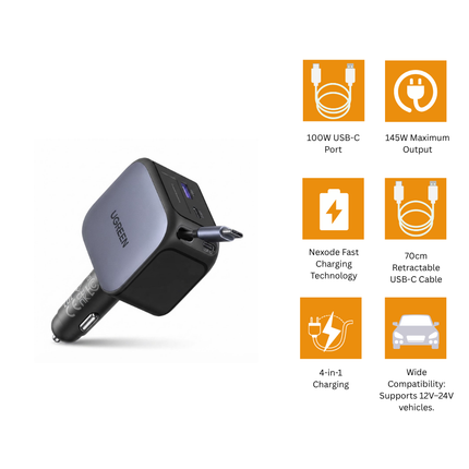 شاحن سيارة يوجرين 145 واط Nexode مع سلك USB-C قابل للسحب | EC604 | 55910B