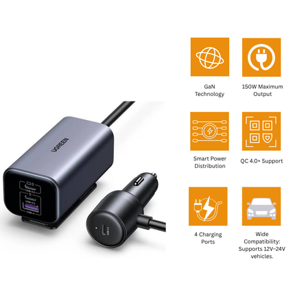 UGREEN 150W 4 Port GaN 3 x Type-C And 1 x USB A Port Car Charger | EC706 | 35571