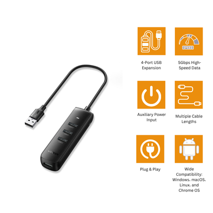 يوجرين موزع USB-A 3.0 ‏4 منافذ باللون الأسود | CM416