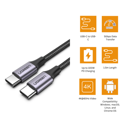 يوجرين سلك USB 3.1 من نوع USB-C إلى USB-C بطول 1.5 متر | US161 | 50751