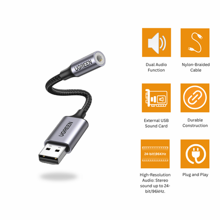 يوجرين محول صوت USB 2.0 إلى 3.5 مم بطول 25 سم من سبائك الألومنيوم | CM477 | 30757