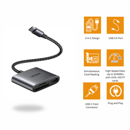 UGREEN Type-C to SD/TF + USB 2.0 Aluminum Alloy Shell Memory Card Reader | CM387 | 80798