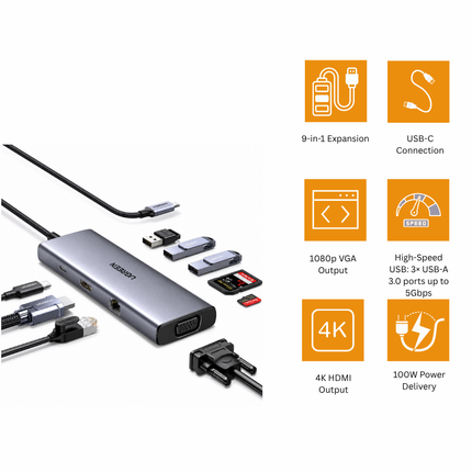 يوجرين موزع USB-C متعدد الوظائف 9 في 1 | CM498 | 15600