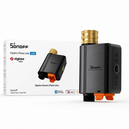 Sonoff Hydro Smart Flow Lite device with packaging on a white background