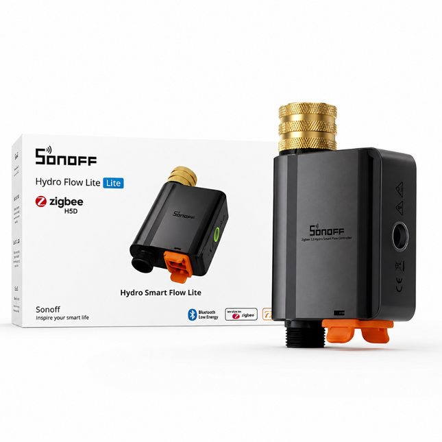 Sonoff Hydro Smart Flow Lite device with packaging on a white background