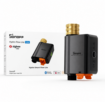 Sonoff Hydro Smart Flow Lite device with packaging on a white background