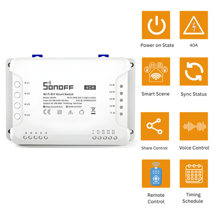 SONOFF 4CHPROR3  Smart Wi-Fi 4-Channel Relay Switch 40A | RF & Remote Control | DIN Rail | Smart Home Automation