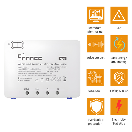 SONOFF POWR3 Smart Wi-Fi Power Monitoring Switch | 25A High Power | Energy Meter | Overload Protection | Smart Home Automation