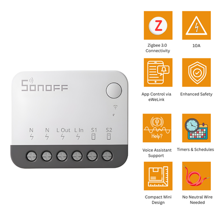 SONOFF ZBMINIR2 Zigbee 3.0 Smart Switch | 10A Compact Smart Relay Module | No Neutral Required | Works with Alexa, Google Home & SmartThings | App & Voice Control