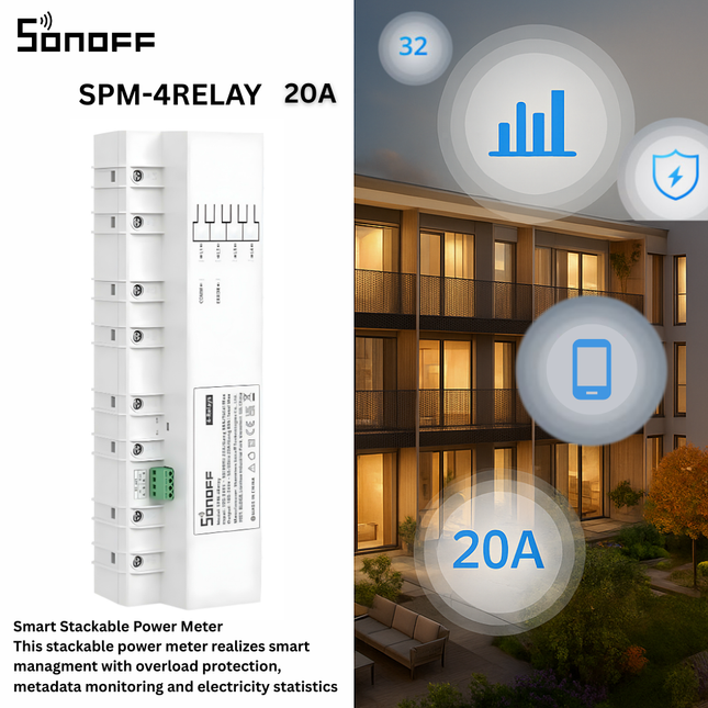 SONOFF SPM-4RELAY Smart Power Monitoring Switch | 4-Channel Relay Module | DIN Rail Mounted | Energy Management | Smart Home Automation