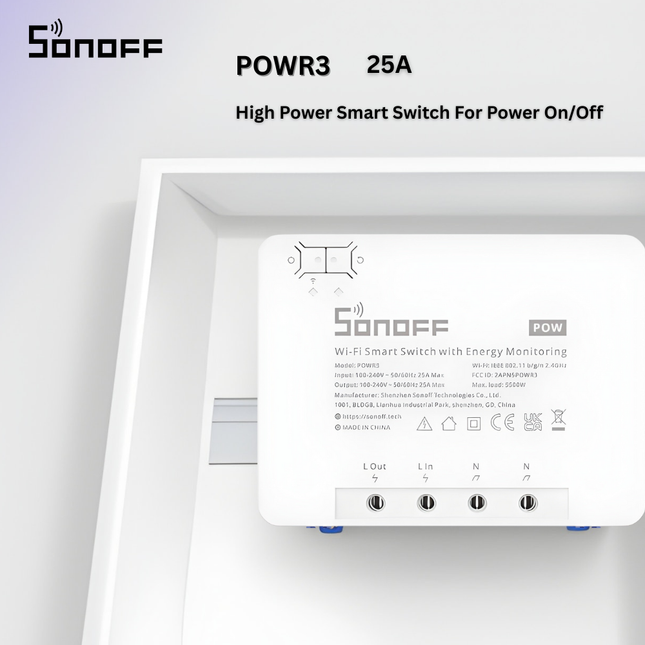 SONOFF POWR3 Smart Wi-Fi Power Monitoring Switch | 25A High Power | Energy Meter | Overload Protection | Smart Home Automation