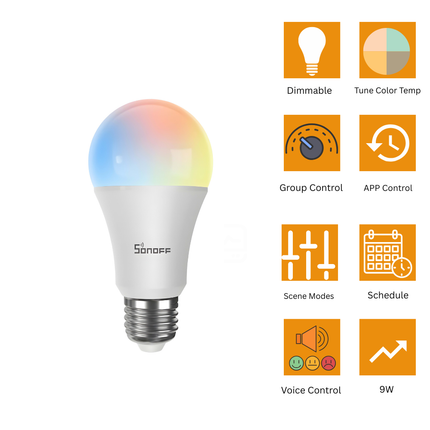 SONOFF B05-BL-A60 Smart Wi-Fi LED Bulb | 9W A60 E27 | Dimmable & Color Adjustable | Voice Control | Smart Home Lighting