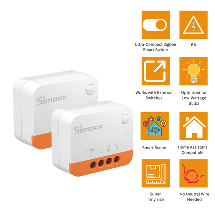 SONOFF ZBMINI-L2 Zigbee 3.0 Mini Smart Switch (2 Pack) | No Neutral Required | Ultra-Compact Smart Light Switch | Dry/Wet Contact Relay | Works with Alexa, Google Home & SmartThings | eWeLink App Remote Control