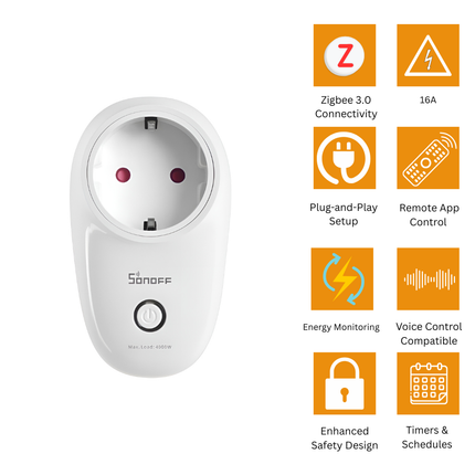 SONOFF S26R2ZBTPF-CFH Zigbee 3.0 Smart Plug | 16A High-Power Smart Socket | Energy Monitoring | Works with Alexa, Google Home &amp; SmartThings | App; Voice Control | EU Plug