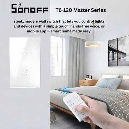 SONOFF T6-120 Matter Series Smart Touch Wall Switch | Wi-Fi & 433MHz RF Control | Glass Panel Touch Switch | Works with Alexa & Google Home | 1/2/3-Gang Options | Smart Lighting Automation