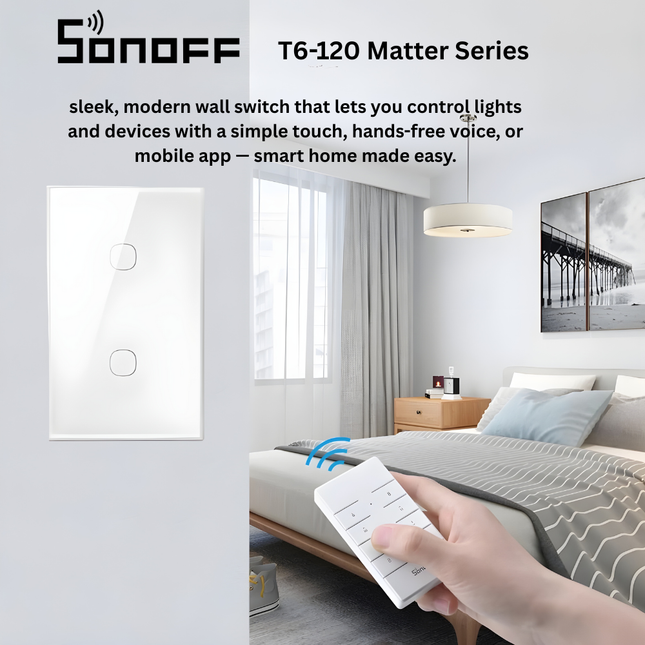 SONOFF T6-120 Matter Series Smart Touch Wall Switch | Wi-Fi & 433MHz RF Control | Glass Panel Touch Switch | Works with Alexa & Google Home | 1/2/3-Gang Options | Smart Lighting Automation