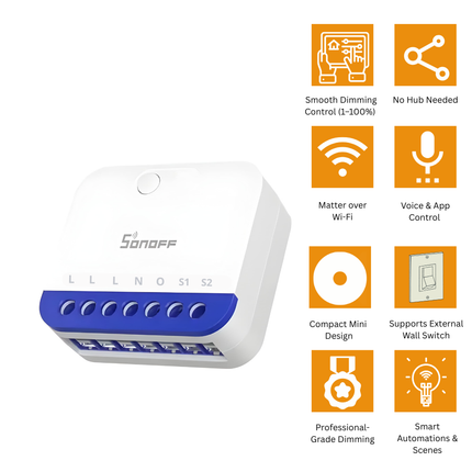 SONOFF MINI-DIM Matter Smart Wi-Fi Dimmer Switch | Matter over Wi-Fi | Brightness Control 1–100% | Works with Apple Home, Alexa & Google Home | Supports External Switch