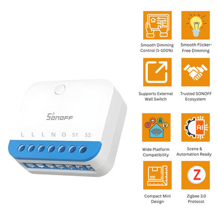 SONOFF MINI-ZBDIM Zigbee Smart Dimmer Switch | Zigbee 3.0 | Smooth Brightness Control 1–100% | Supports External Switch | Works with Zigbee Hub, Home Assistant & Zigbee2MQTT