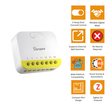 SONOFF MINI-ZB2GS-L 2-Gang Zigbee Smart Switch | No Neutral Required | Zigbee 3.0 | Dual Channel Control | Supports External Switch | Works with Zigbee Hub, Home Assistant