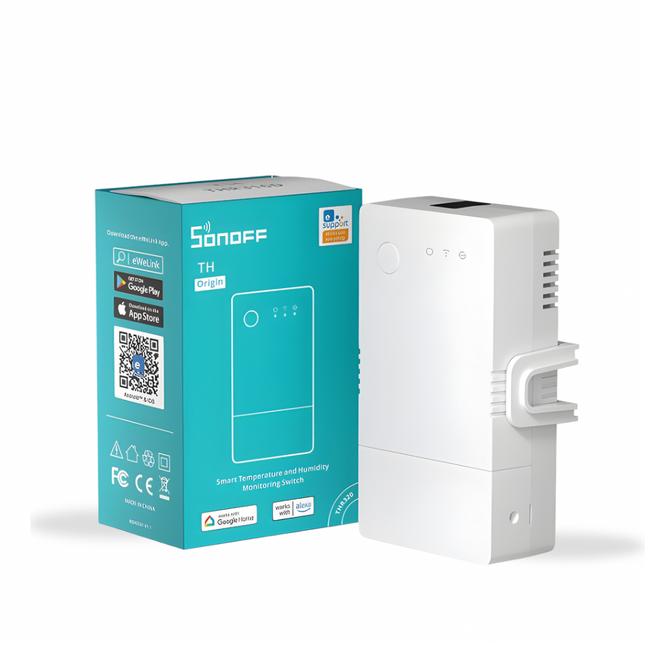 Sonoff TH smart device with packaging on a white background