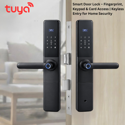 قفل باب ذكي Tuya بتقنية Wi-Fi بمقبض ذراعي مع بصمة إصبع مزدوجة وبطاقة وكلمة مرور – قفل أسود مع مفتاح ميكانيكي احتياطي – SE111