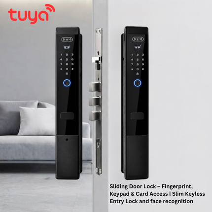 قفل باب ذكي Tuya بتقنية Wi-Fi مع التعرف على الوجه وبصمة إصبع مزدوجة وبطاقة وكلمة مرور – قفل أسود نحيف | SE110