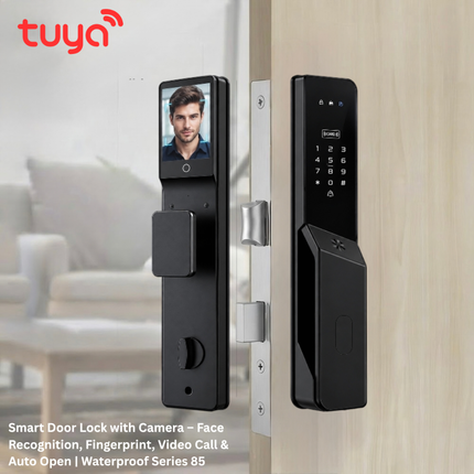 قفل باب ذكي Tuya Wi-Fi مع التعرف على الوجه وبصمة الإصبع والبطاقة وكاميرا ومكالمة فيديو – قفل 5 في 1 بفتح تلقائي ومقاوم للماء | SE112