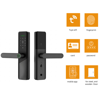 Tuya Wi-Fi Smart Door Lock with Fingerprint, Card & Password – Black Lever Handle Lock for Steel and Wooden Doors | SE50
