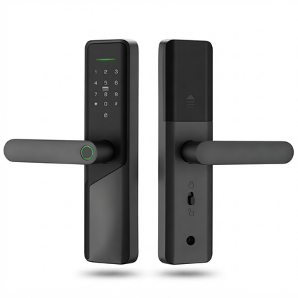 Tuya Wi-Fi Smart Door Lock with Fingerprint, Card & Password – Black Lever Handle Lock for Steel and Wooden Doors | SE50