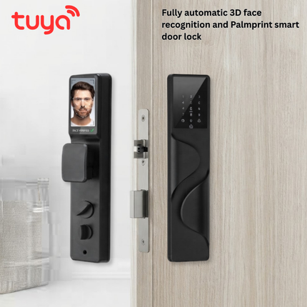 قفل باب ذكي أسود Tuya بتقنية Wi-Fi مع التعرف على الوجه وبصمة الكف وكاميرا ومكالمة فيديو – قفل 5 في 1 بفتح تلقائي ومقاوم للماء |SE90