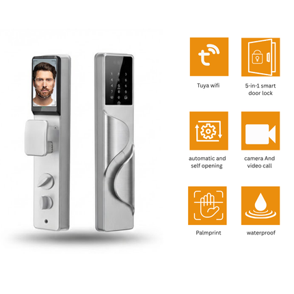 Tuya Wi-Fi Smart Door Lock with Face Recognition, Palm Print, Camera & Video Call – 5-in-1 Auto Opening Waterproof Lock | SE91