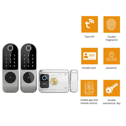 Tuya WiFi Double-Sided Smart Rim Lock – Fingerprint, Keypad, Card & App Control