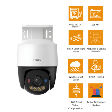 Cruiser POE Series | 3/5 MP IMOU Outdoor PoE Smart PT Security Camera | Pan & Tilt Surveillance