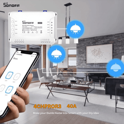 SONOFF 4CHPROR3  Smart Wi-Fi 4-Channel Relay Switch 40A | RF & Remote Control | DIN Rail