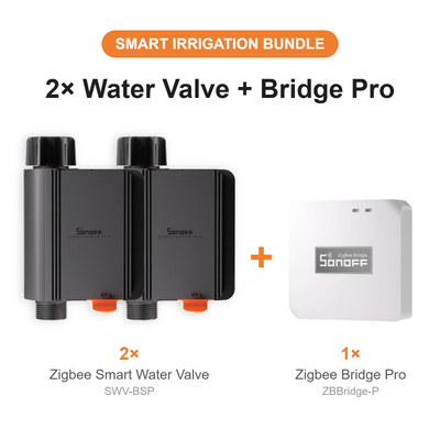 SONOFF Smart Irrigation Bundle – 2× SWV-BSP Zigbee Smart Water Valve + 1× ZBBridge-P Zigbee Bridge Pro