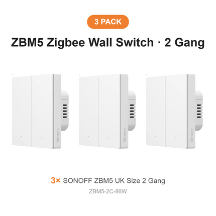 SONOFF ZBM5-2C-86W Zigbee Wall Switch UK Size 2 Gang – 3 Pack